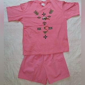 Vintage 90's Pink Shirt & Short Set Southwest Design Single Stich Sleeves